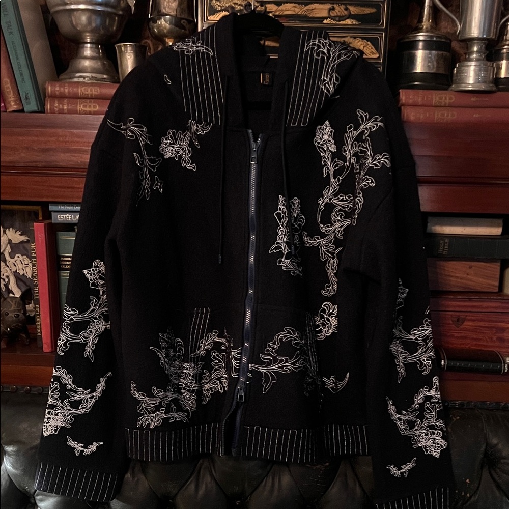 Flowers Hoodie Dark Blue Wool Embroidery